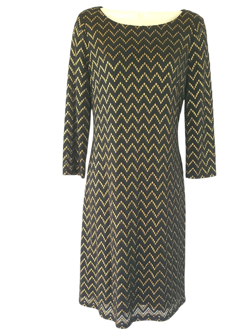 Nine West Black Dress with Gold Chevron Pattern - Long Sleeve Size 10 EXCELLENT